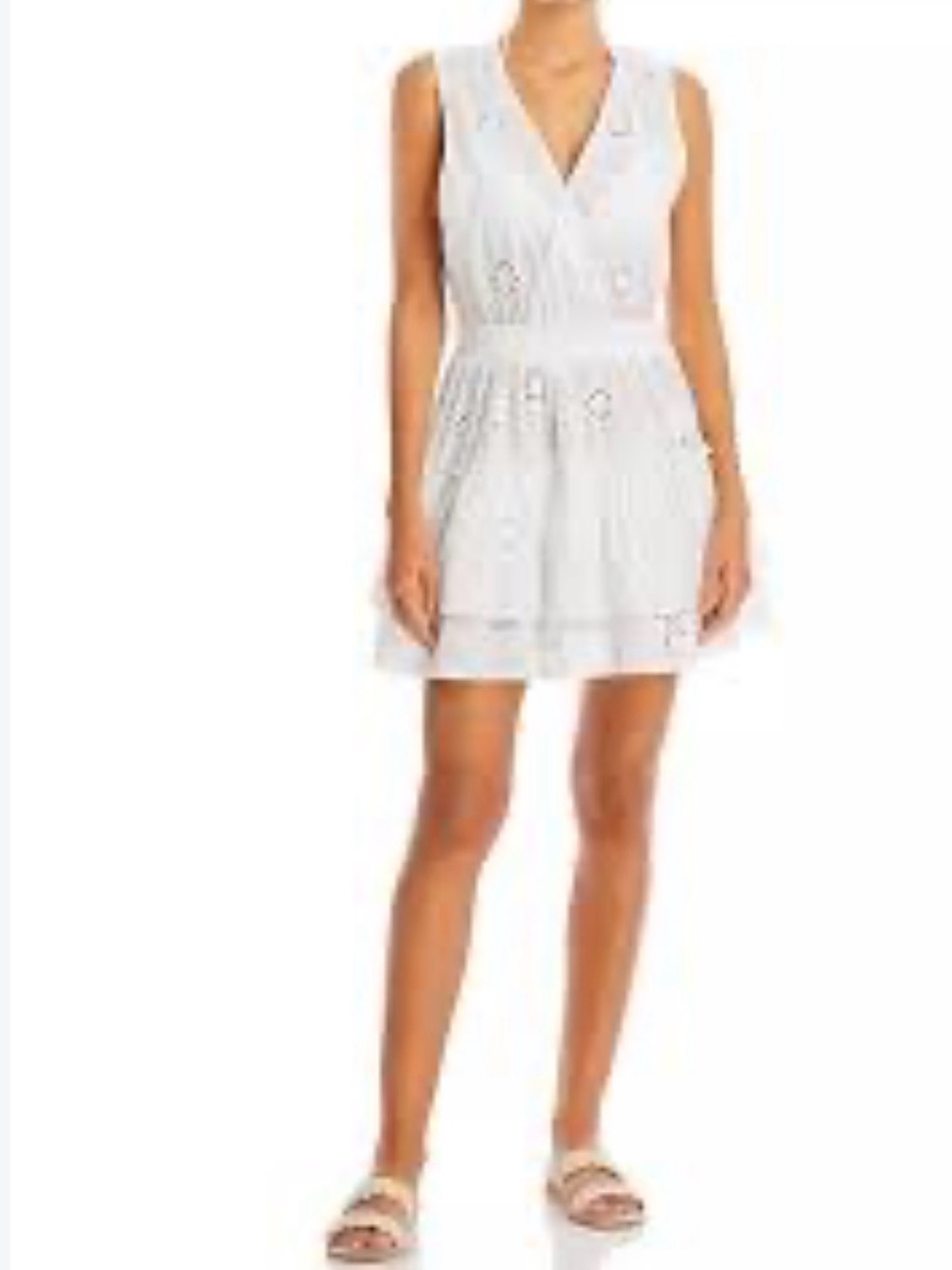Aqua white eyelet tiered dress w cinched waist, flattering! Sz M, euc